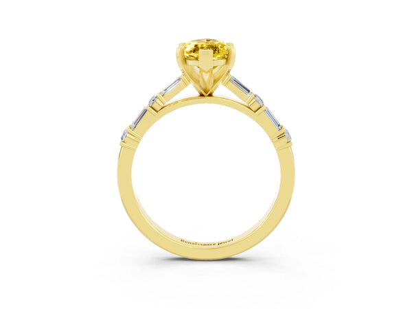 Yellow gold Marquise Cut Yellow Sapphire Solitaire with Side Baguettes and Channel Set Band