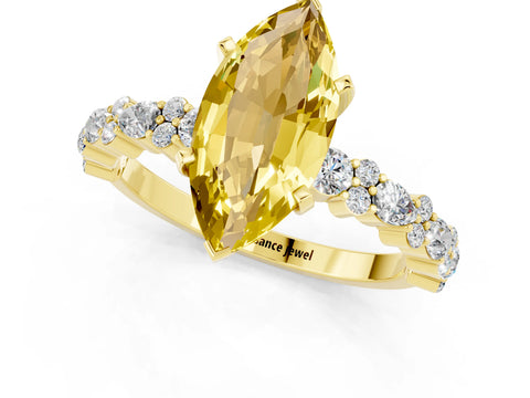 Yellow gold Marquise Cut Yellow Sapphire Solitaire with Side Stones, Pave Band, Four-Prong Setting_61