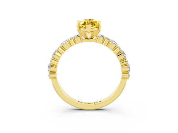 Yellow gold Marquise Cut Yellow Sapphire Side Stone Solitaire Ring with Round  and Four-Prong Setting
