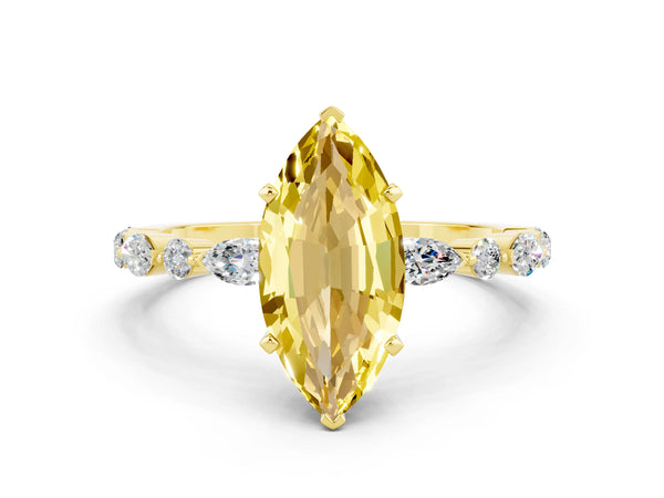 Yellow gold Marquise Cut Yellow Sapphire Ring with Marquise and Round  Side Stones and Four-Prong Setting