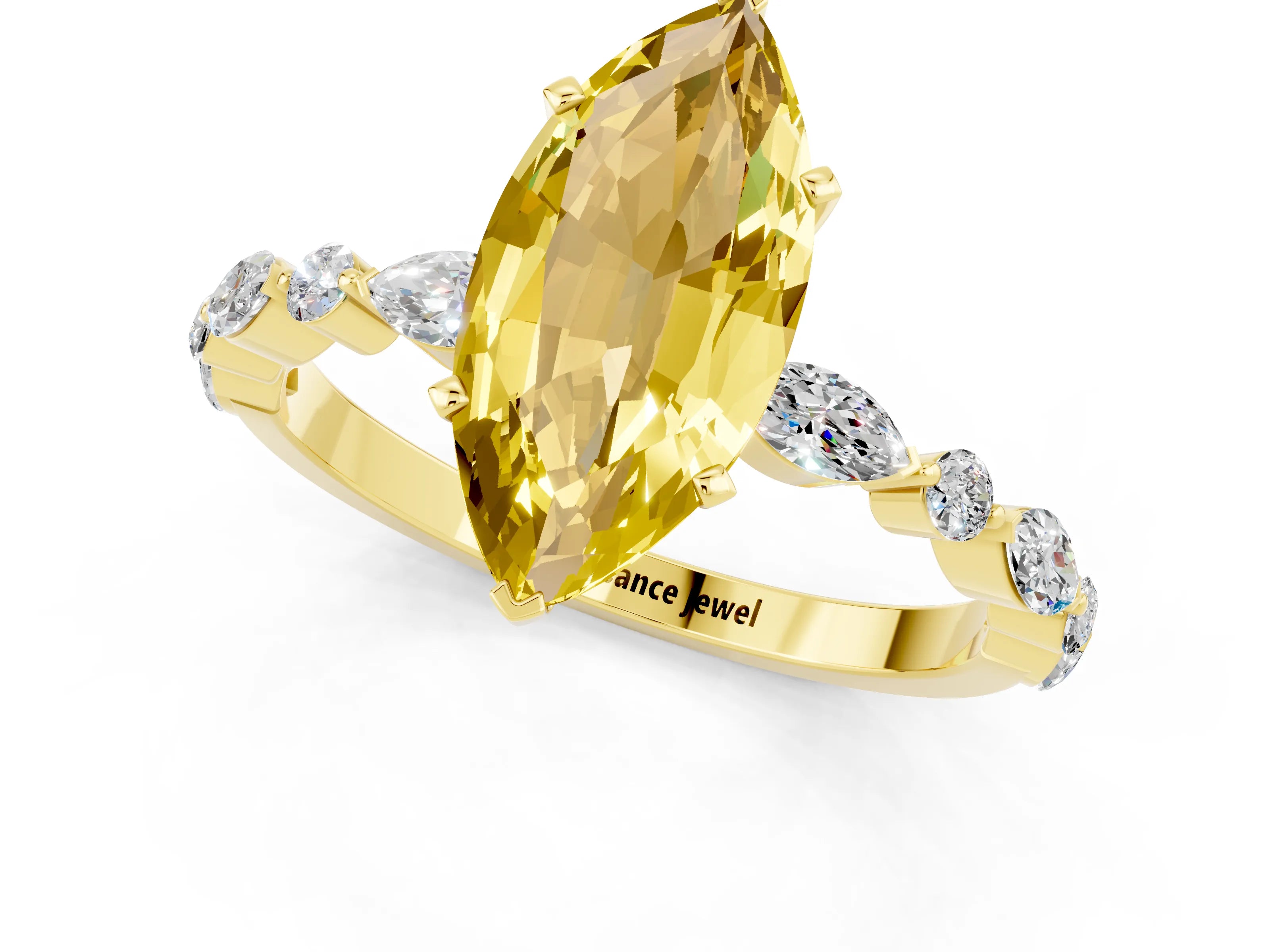 Yellow gold Marquise Cut Yellow Sapphire Solitaire with Side Stones on a Pavé Band and Four-Prong Setting_25