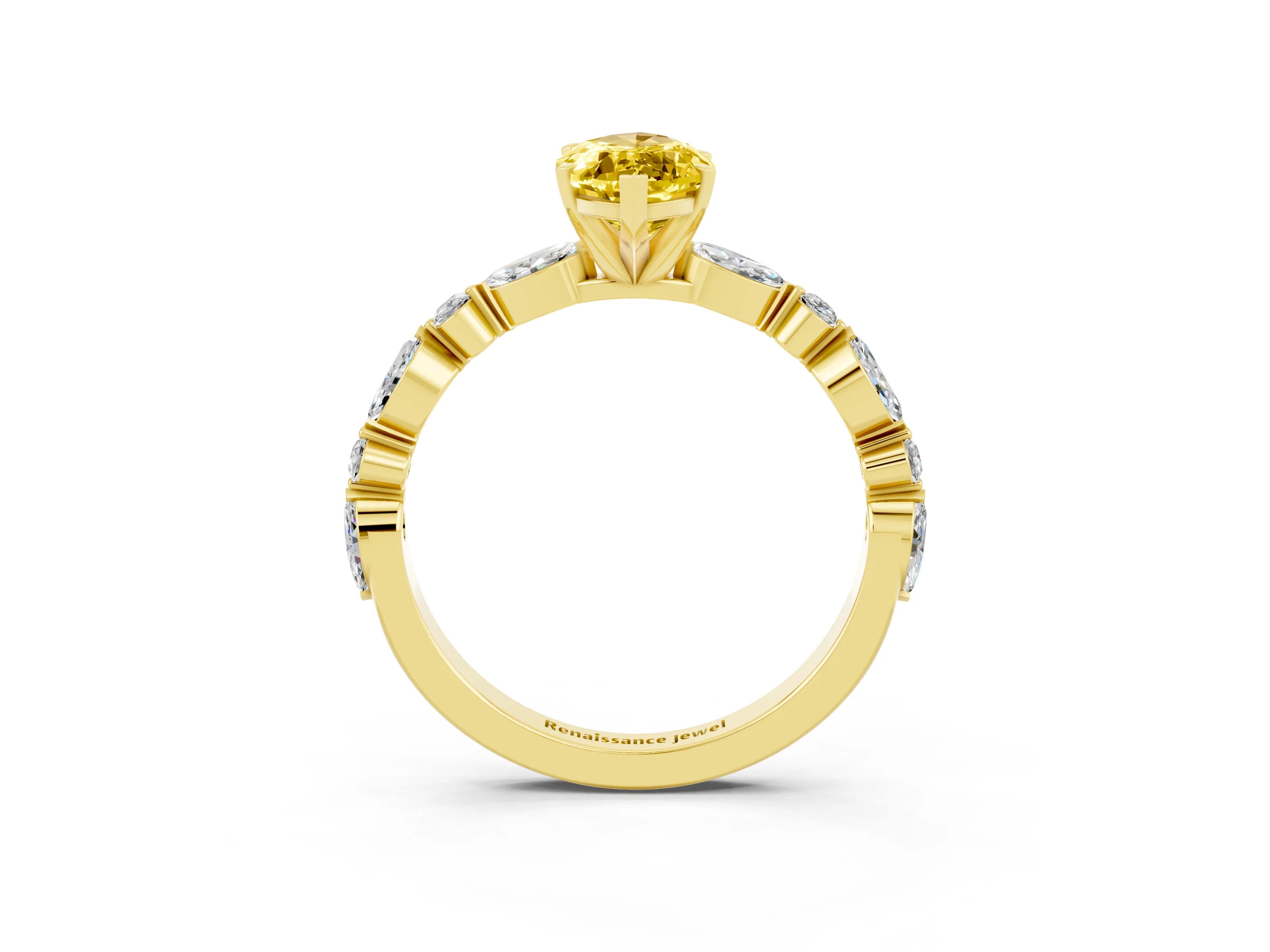 Yellow gold Marquise Cut Yellow Sapphire Solitaire with Side Stones on a Pavé Band and Four-Prong Setting_27