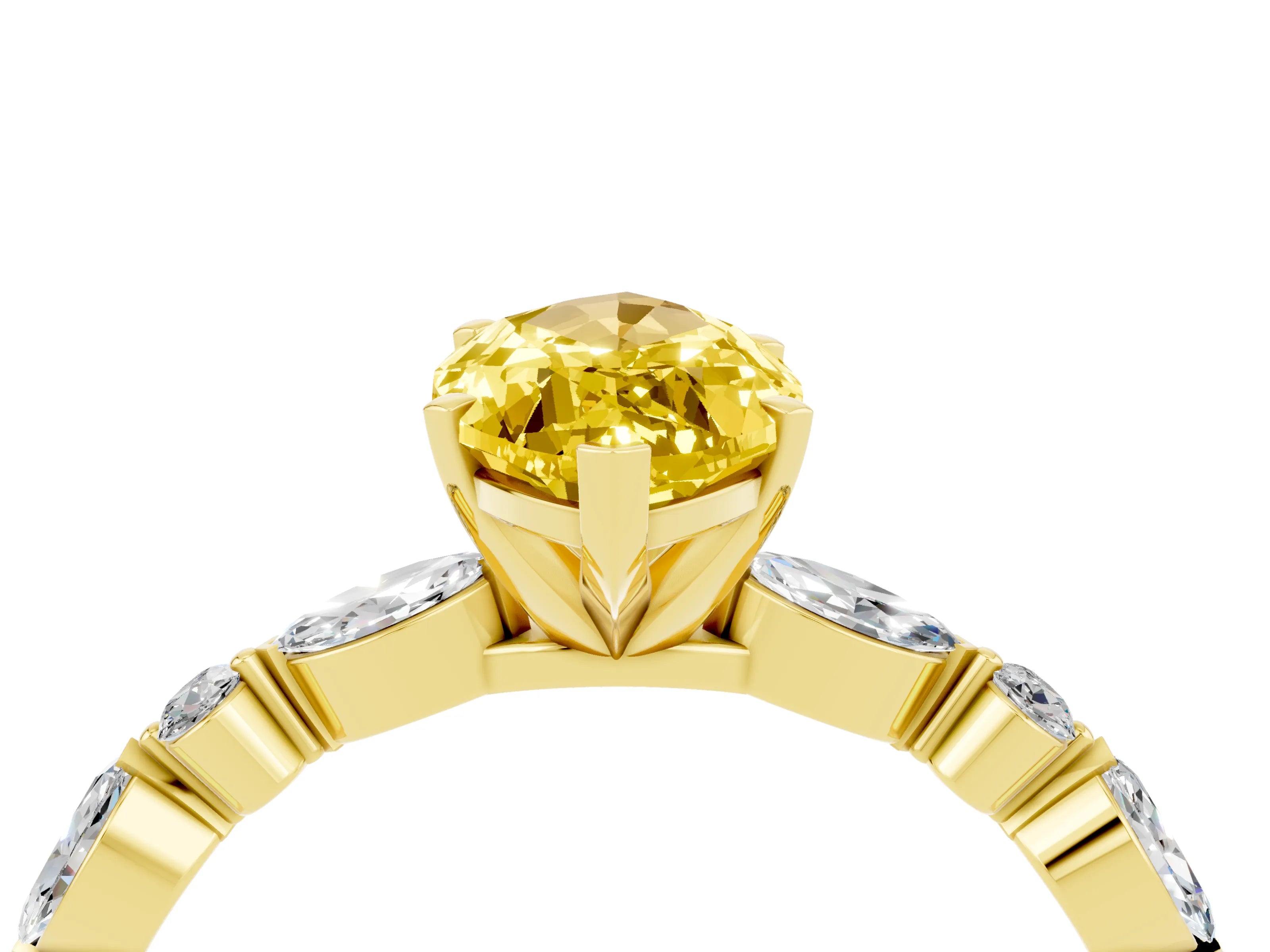 Yellow gold Marquise Cut Yellow Sapphire Solitaire with Side Stones on a Pavé Band and Four-Prong Setting_28