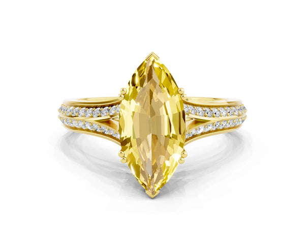 Yellow gold Marquise Cut Yellow Sapphire Split Shank Engagement Ring with Pavé Band