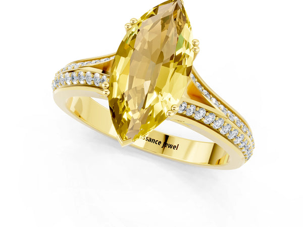 Yellow gold Marquise Cut Yellow Sapphire Split Shank Engagement Ring with Pavé Band