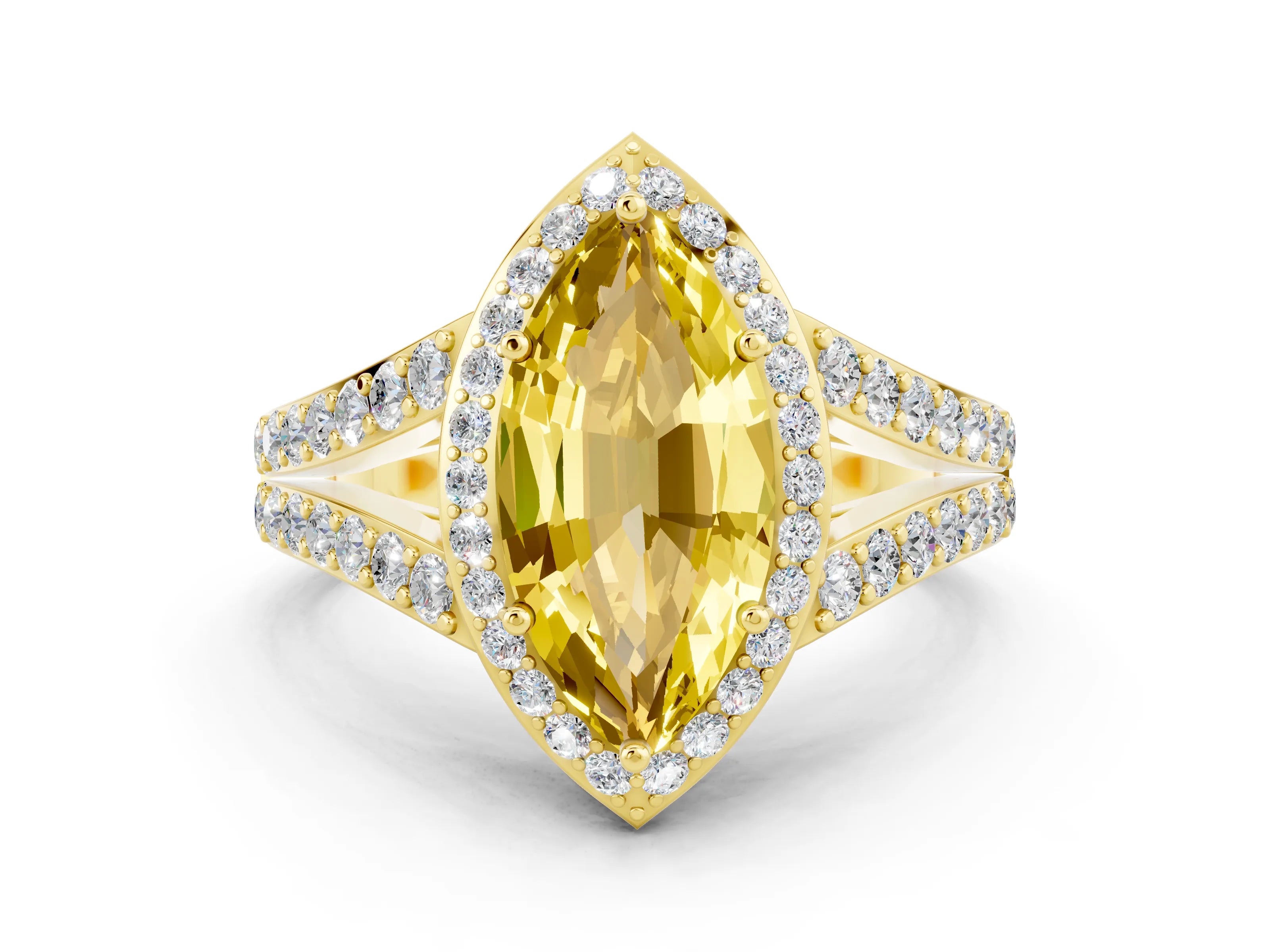 Yellow gold Marquise Cut Yellow Sapphire Split Shank Halo Ring with Four-Prong Setting_12