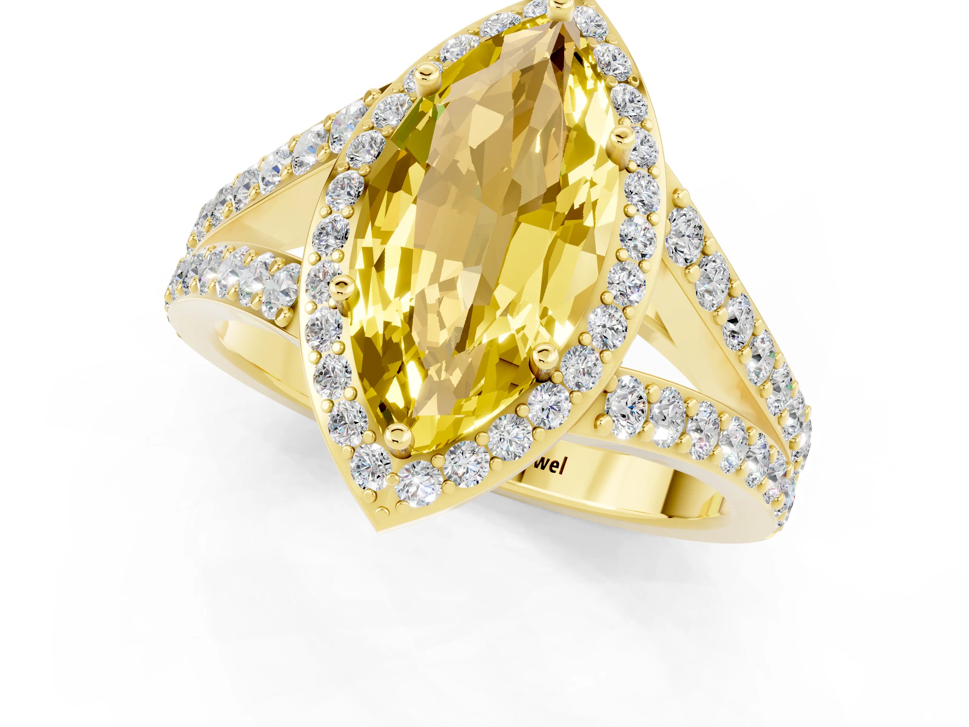 Yellow gold Marquise Cut Yellow Sapphire Split Shank Halo Ring with Four-Prong Setting_13