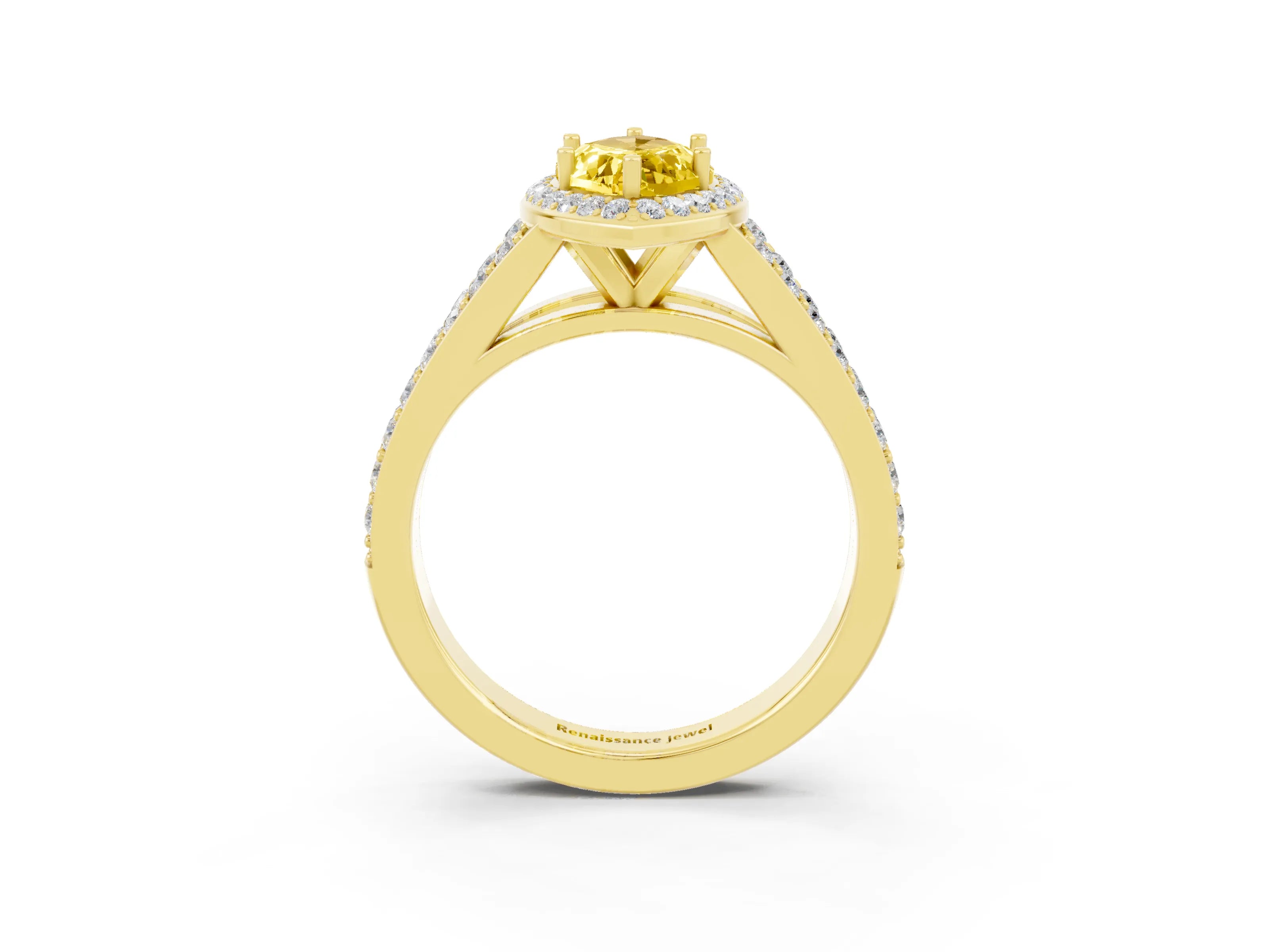 Yellow gold Marquise Cut Yellow Sapphire Split Shank Halo Ring with Four-Prong Setting_15