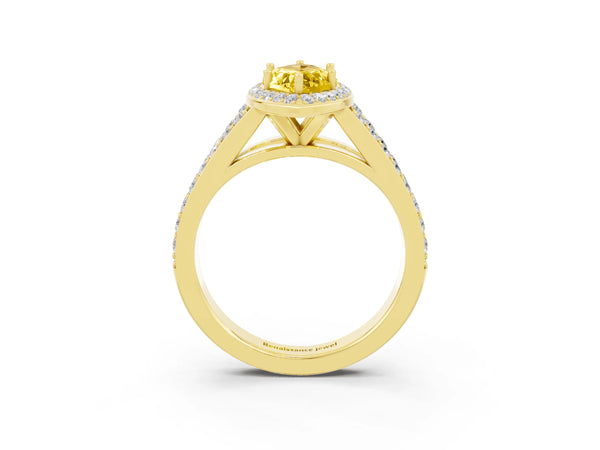 Yellow gold Marquise Cut Yellow Sapphire Split Shank Halo Ring with Four-Prong Setting