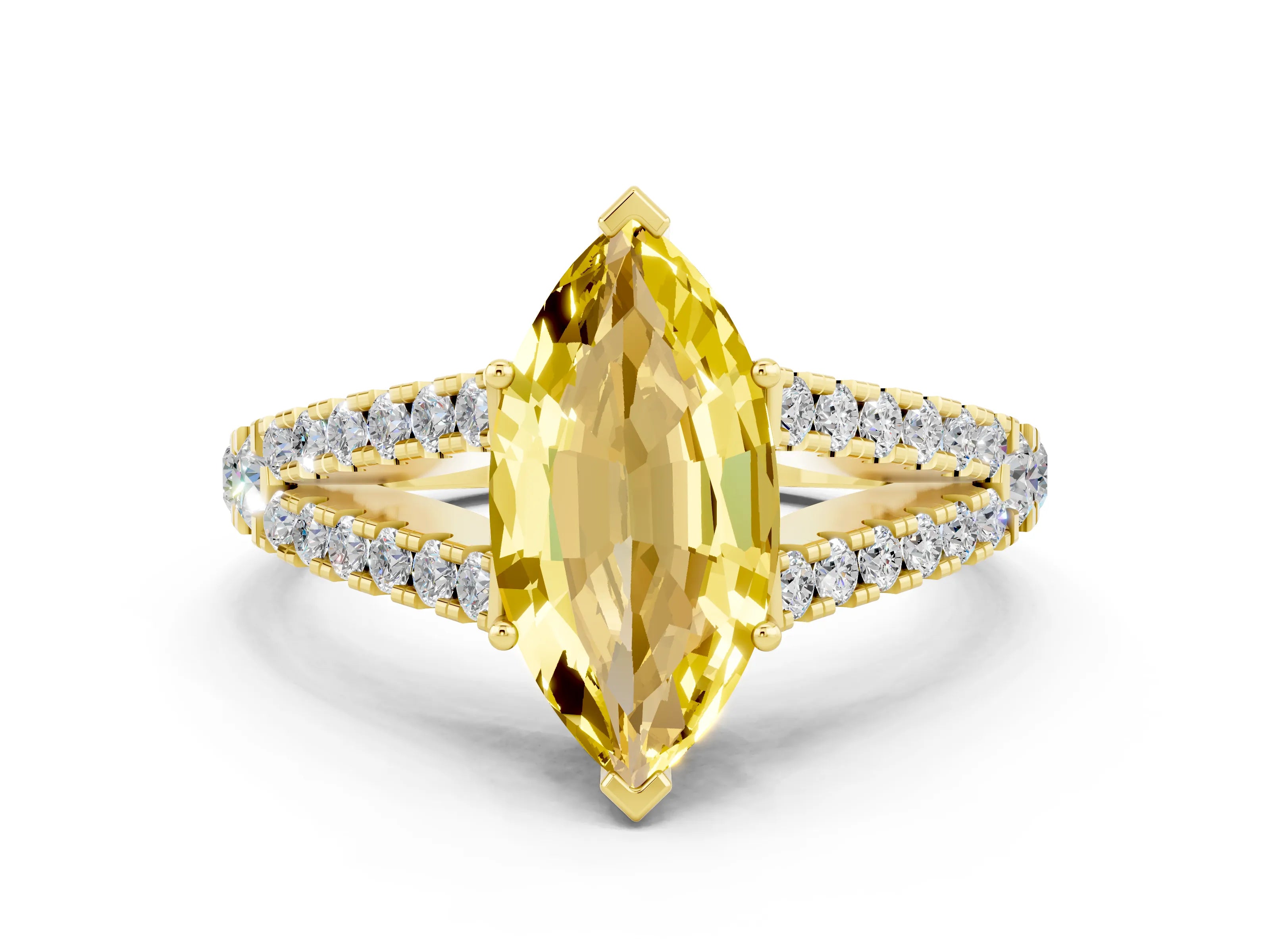 Yellow gold Marquise Cut Yellow Sapphire Split Shank Pavé Engagement Ring with Four-Prong Setting_12