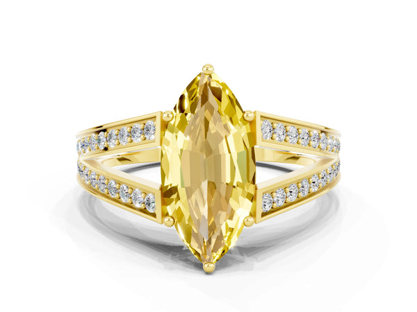 Yellow gold Marquise Cut Yellow Sapphire Split Shank Ring with Pavé Band and Four-Prong Setting