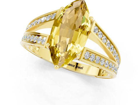 Yellow gold Marquise Cut Yellow Sapphire Split Shank Ring with Pavé Band and Four-Prong Setting_1