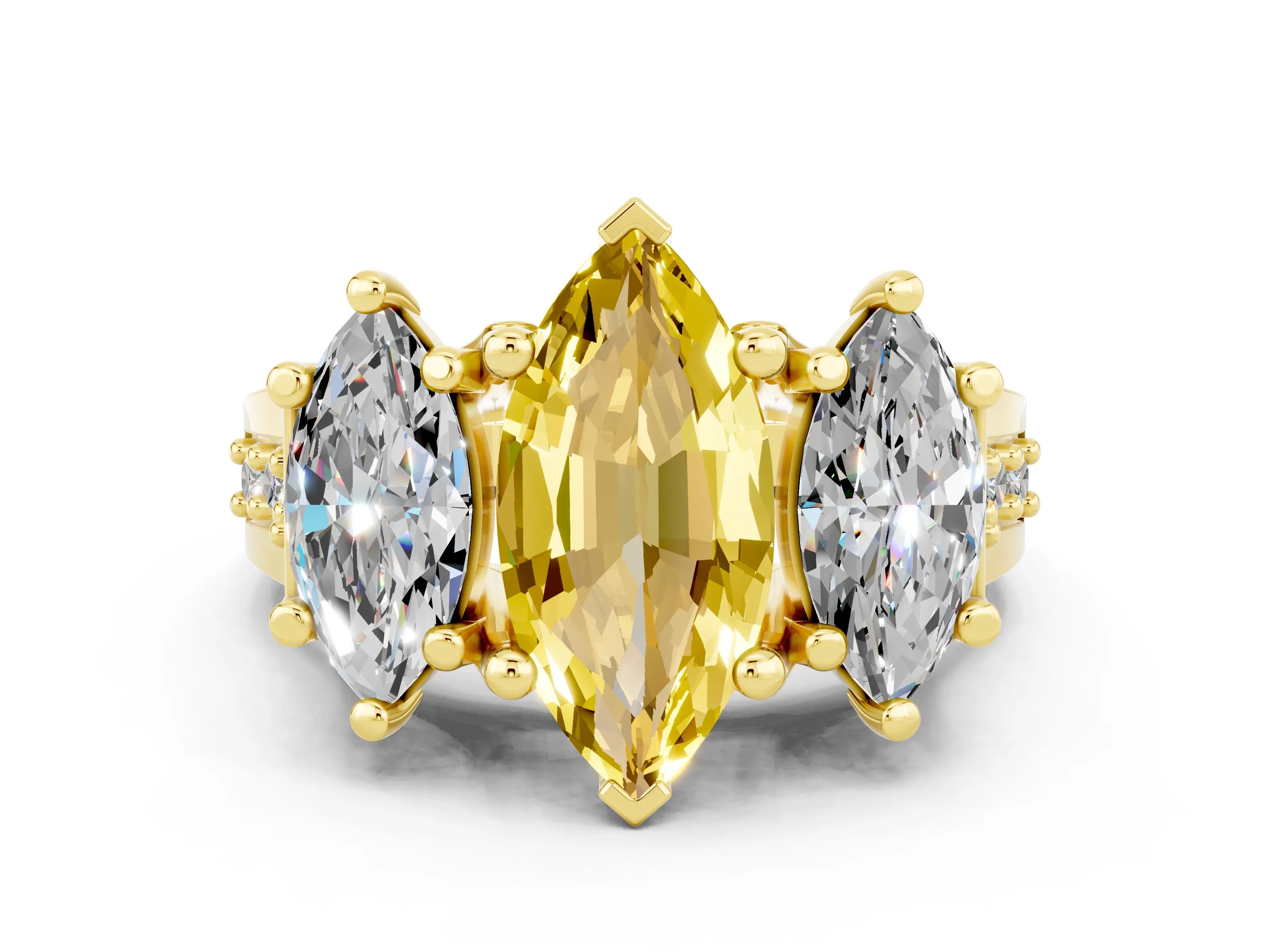 Yellow gold Marquise Cut Yellow Sapphire Three-Stone Ring with Channel Set Band and Four-Prong Setting