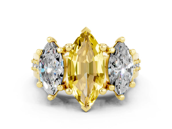 Yellow gold Marquise Cut Yellow Sapphire Three-Stone Ring with Channel Set Band and Four-Prong Setting