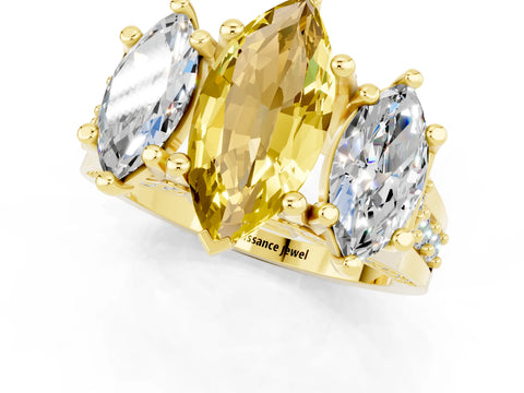 Yellow gold Marquise Cut Yellow Sapphire Three-Stone Ring with Channel Set Band and Four-Prong Setting_1