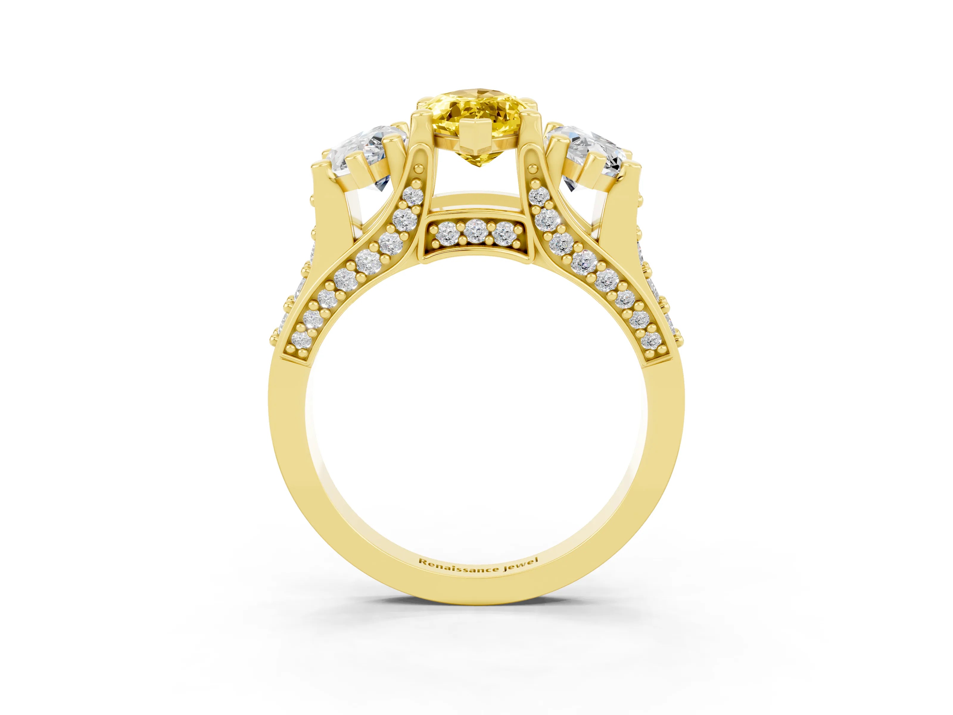 Yellow gold Marquise Cut Yellow Sapphire Three-Stone Ring with Channel Set Band and Four-Prong Setting_3