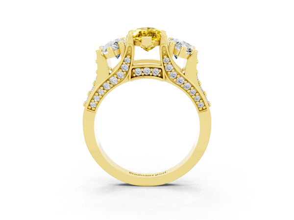 Yellow gold Marquise Cut Yellow Sapphire Three-Stone Ring with Channel Set Band and Four-Prong Setting