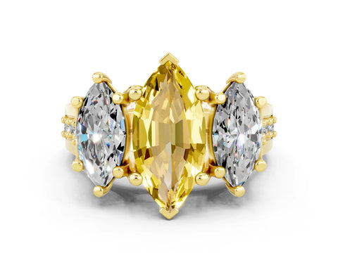 Yellow gold Marquise Cut Yellow Sapphire Three-Stone Ring with Channel Set Band and Four-Prong Setting