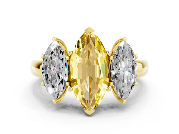 Yellow gold Marquise Cut Yellow Sapphire Three-Stone Ring with Four-Prong Setting and Classic Band