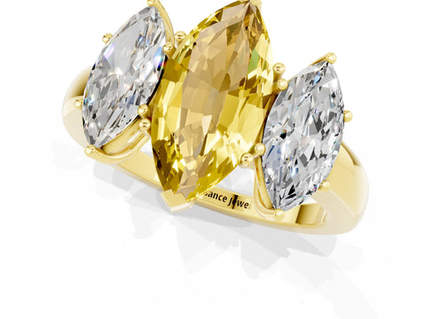 Yellow gold Marquise Cut Yellow Sapphire Three-Stone Ring with Four-Prong Setting and Classic Band_1