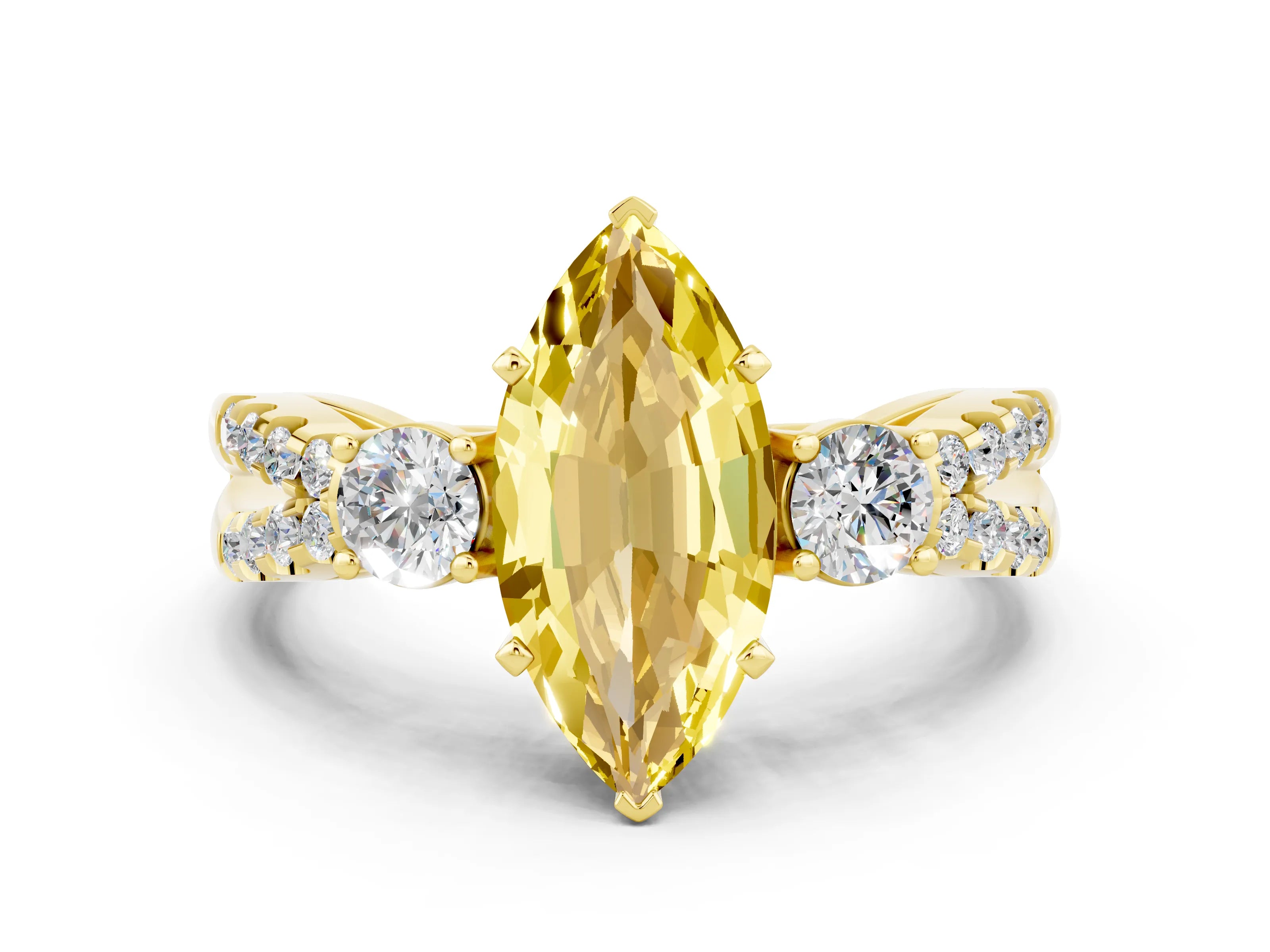 Yellow gold Marquise Cut Yellow Sapphire Three-Stone Ring with Pavé Split Shank and Four-Prong Setting_36