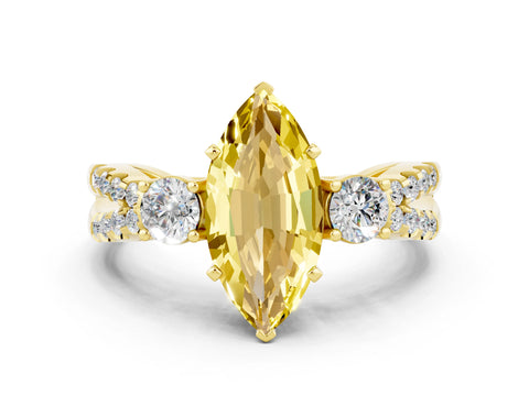Yellow gold Marquise Cut Yellow Sapphire Three-Stone Ring with Pavé Split Shank and Four-Prong Setting_36