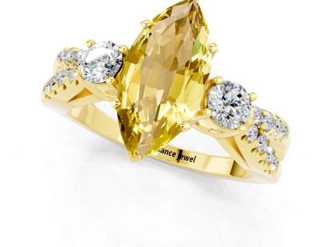 Yellow gold Marquise Cut Yellow Sapphire Three-Stone Ring with Pavé Split Shank and Four-Prong Setting_37