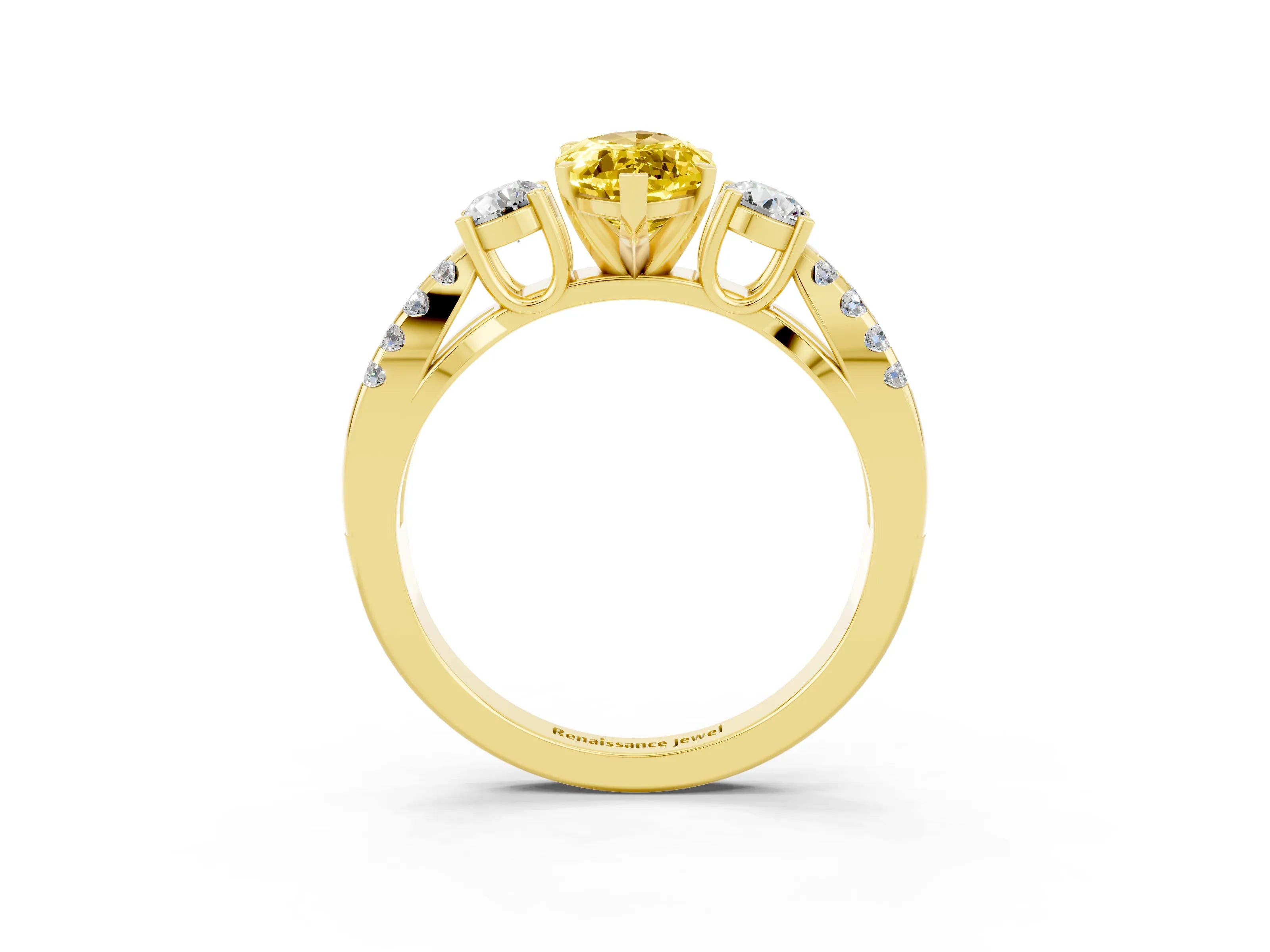 Yellow gold Marquise Cut Yellow Sapphire Three-Stone Ring with Pavé Split Shank and Four-Prong Setting_39