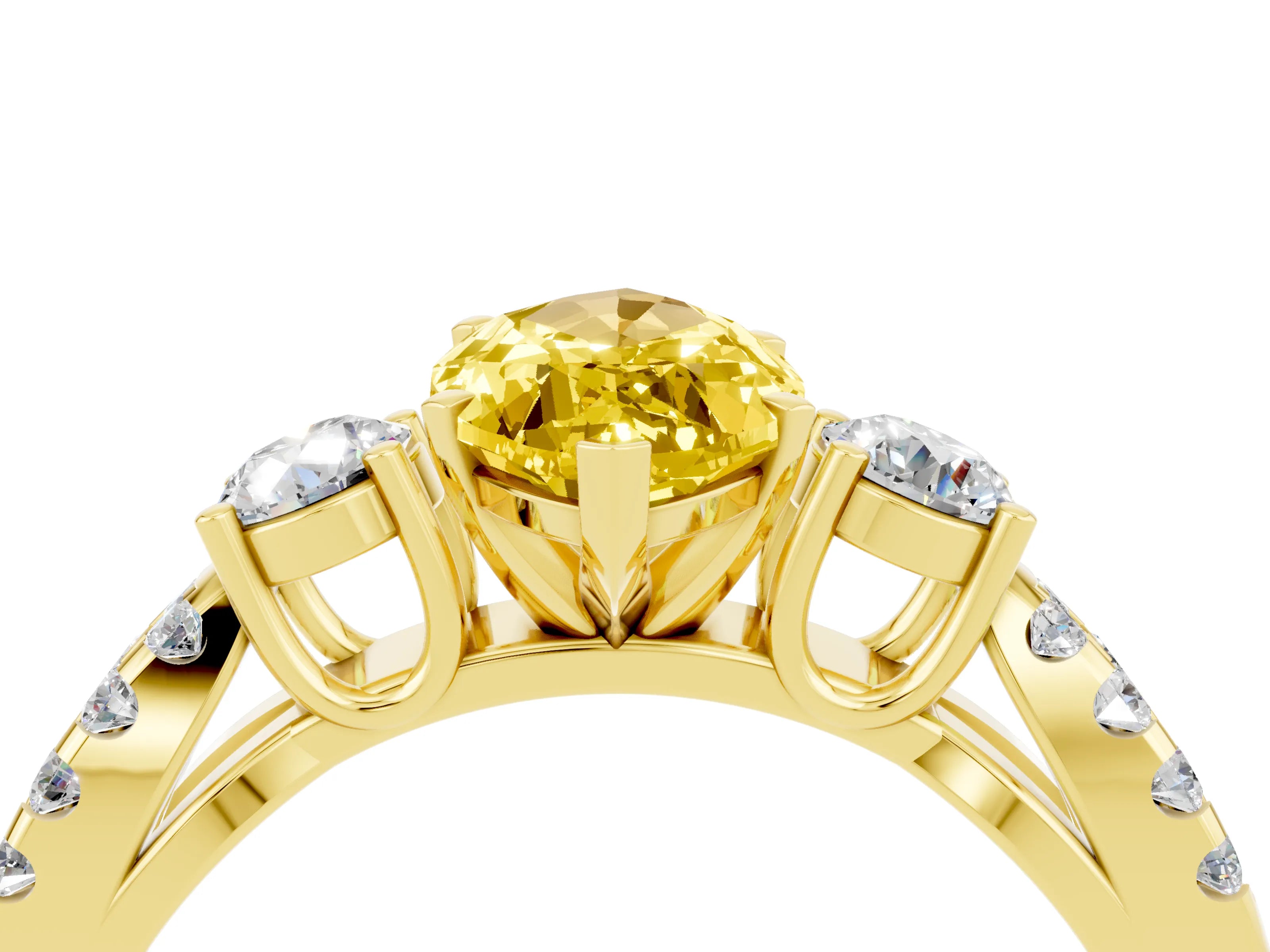 Yellow gold Marquise Cut Yellow Sapphire Three-Stone Ring with Pavé Split Shank and Four-Prong Setting_40
