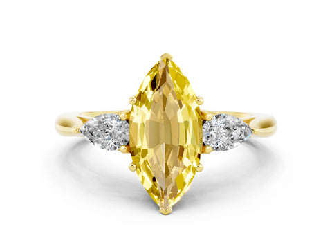 Yellow gold Marquise Cut Yellow Sapphire Three-Stone Ring with Pear Side Stones and Four-Prong Setting_12