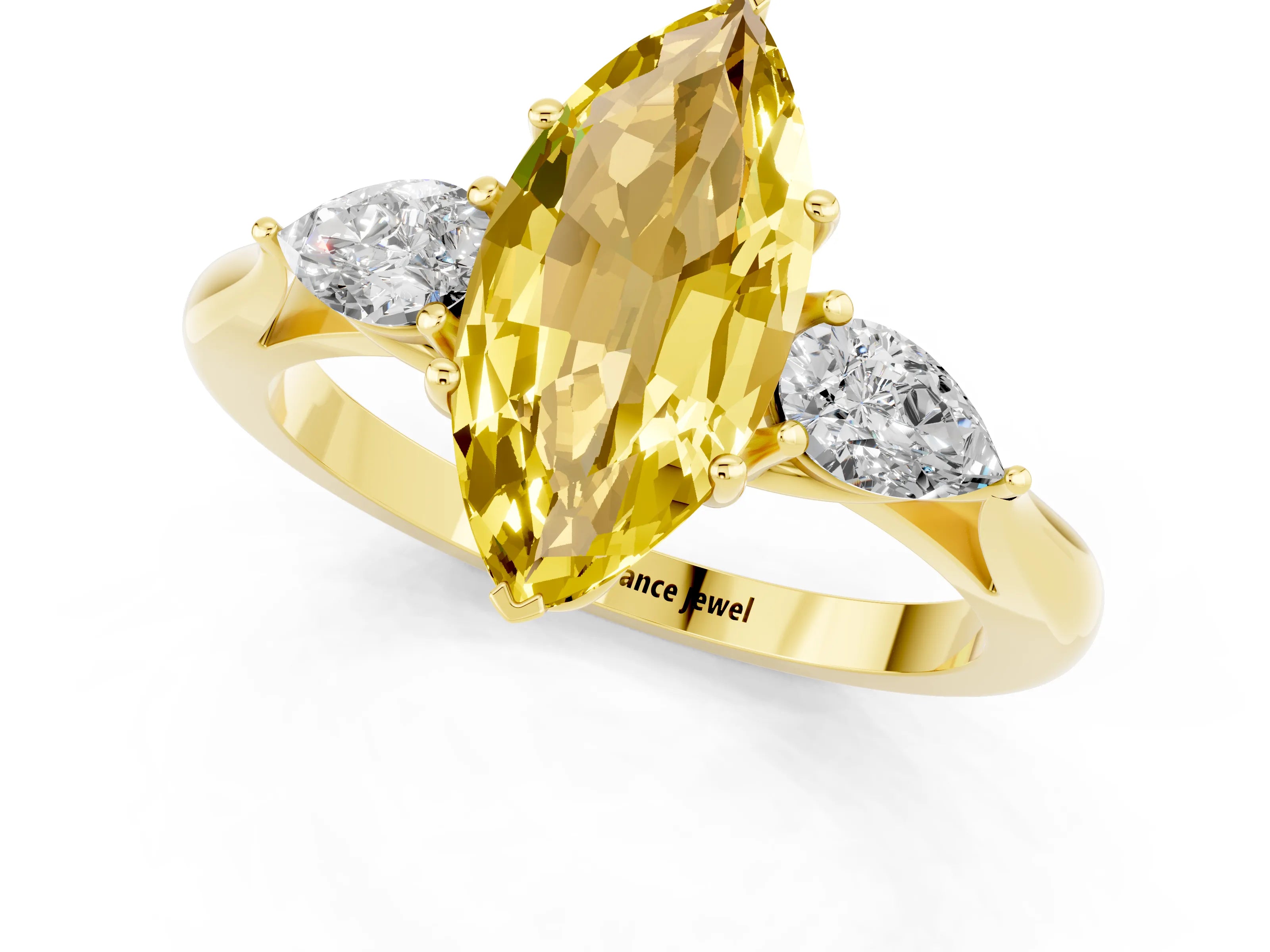 Yellow gold Marquise Cut Yellow Sapphire Three-Stone Ring with Pear Side Stones and Four-Prong Setting_13