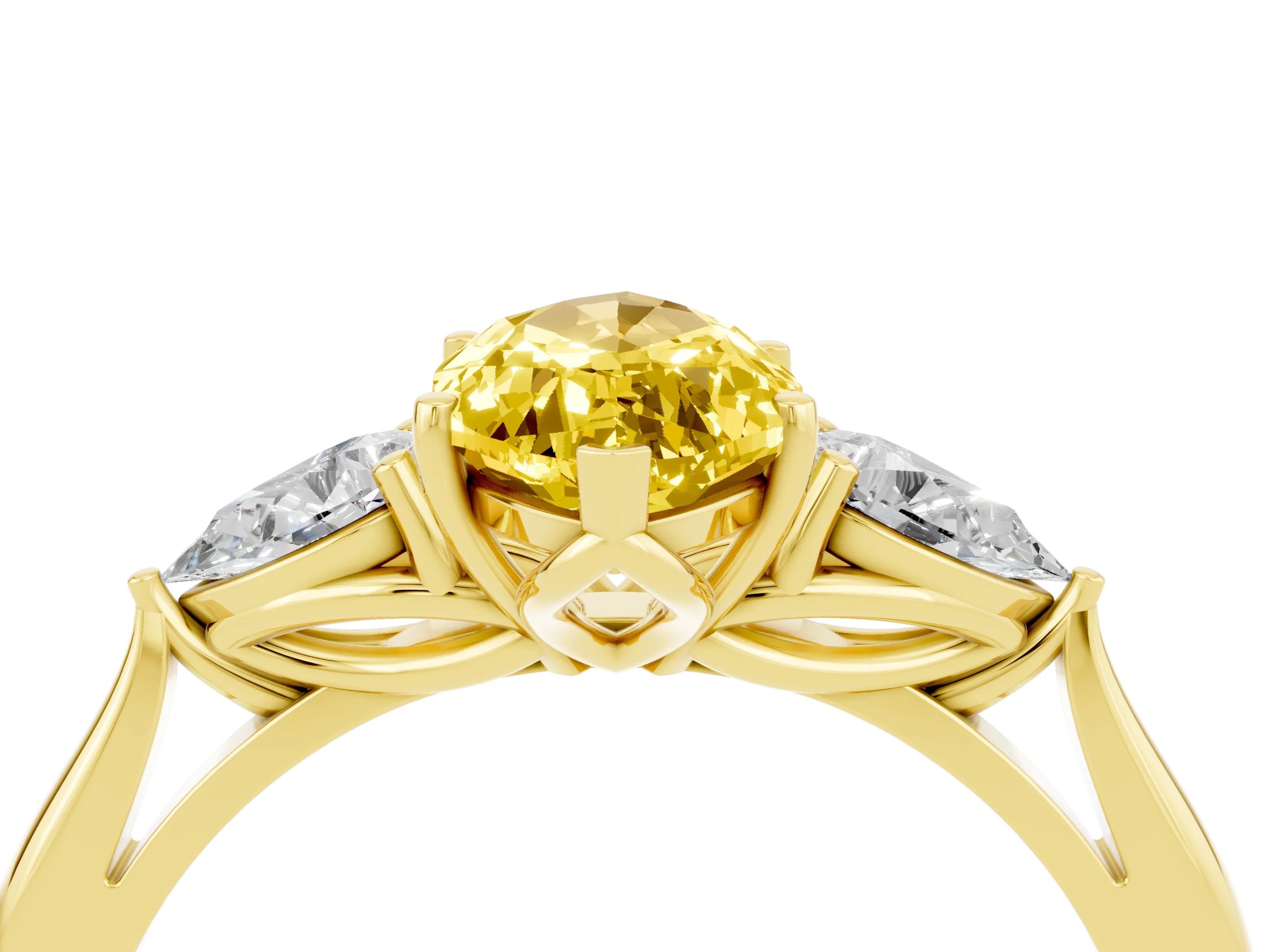 Yellow gold Marquise Cut Yellow Sapphire Three-Stone Ring with Pear Side Stones and Four-Prong Setting_16