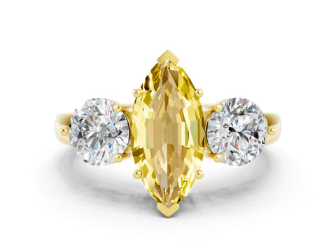 Yellow gold Marquise Cut Yellow Sapphire Three-Stone Ring with Prong Setting and Classic Band