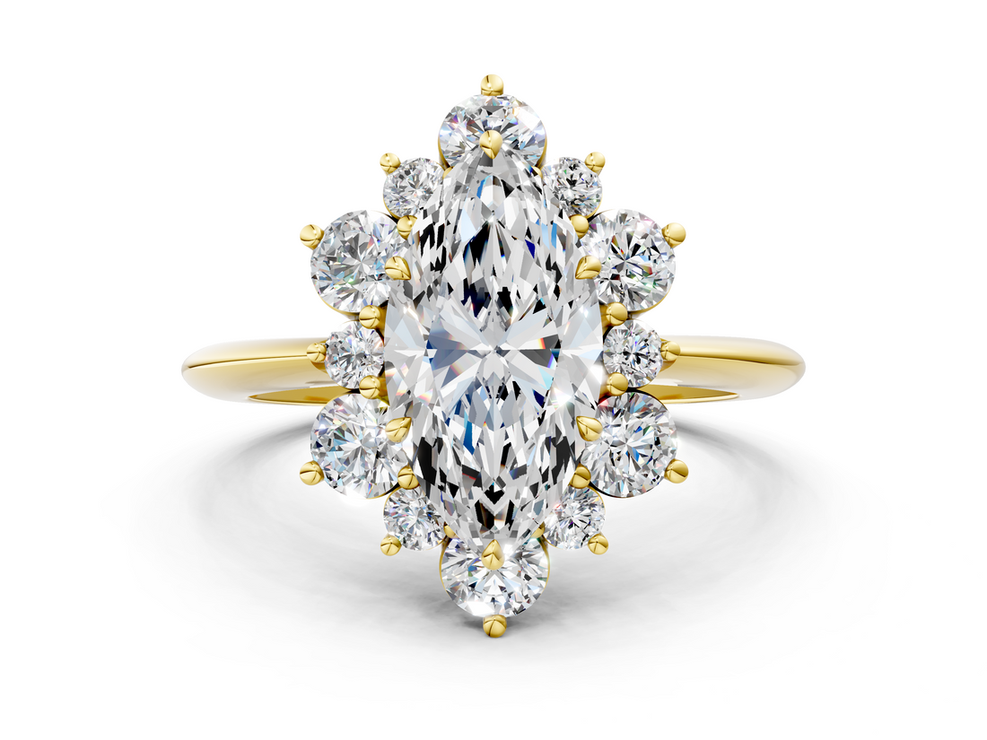 Yellow gold Marquise Diamond Cluster Halo Ring with Solitaire Band and Four-Prong Setting_20