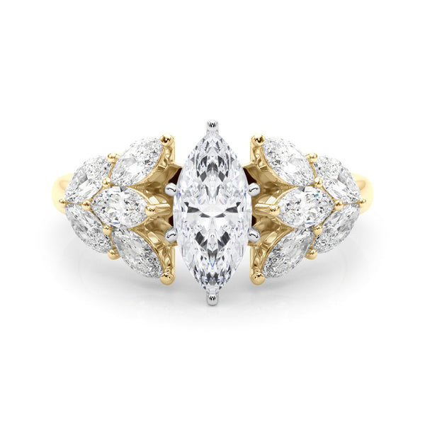 18K Yellow Gold 4.02 Carat D VVS2 Marquise Diamond Cluster Leaf Design Ring with Prong Setting