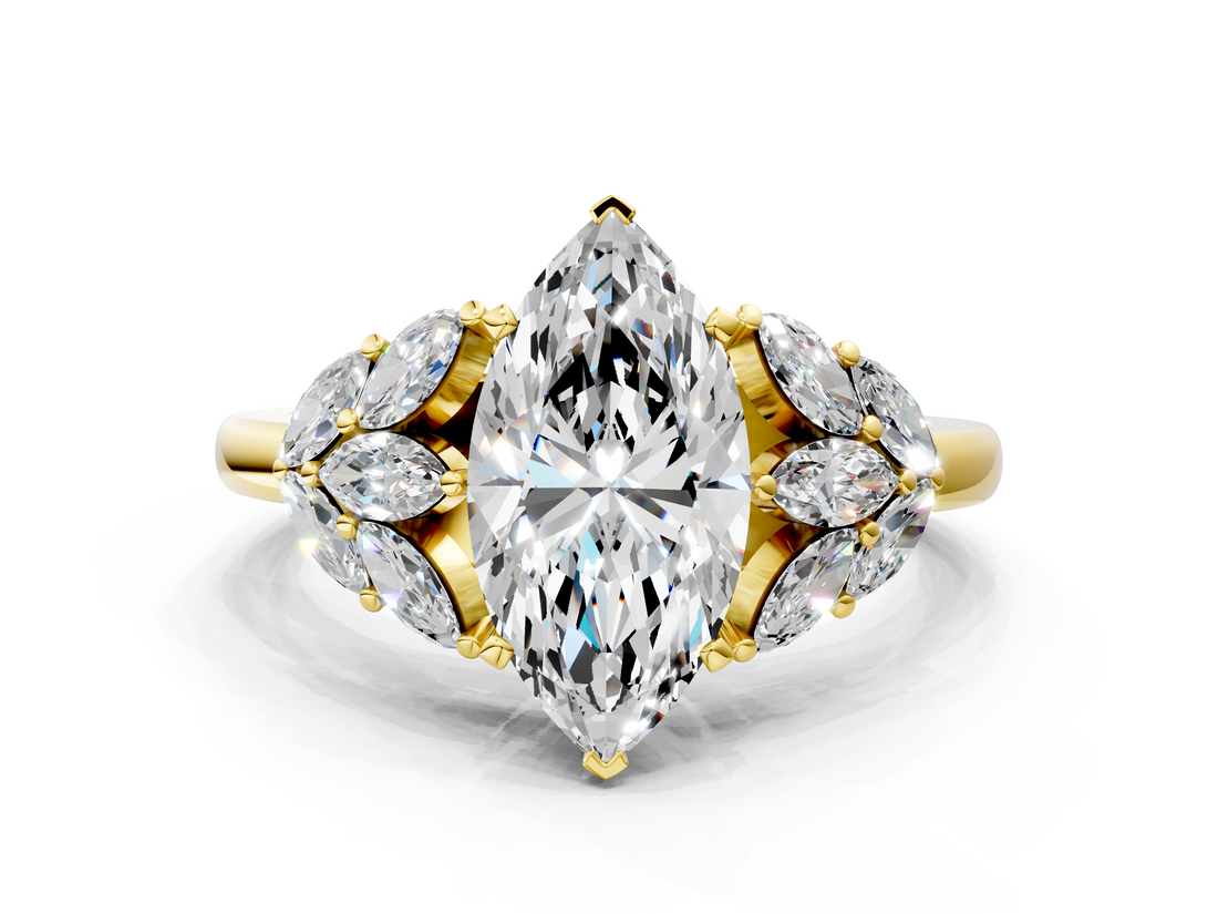 Yellow gold Marquise Diamond Cluster Leaf Design Ring with Prong Setting_95