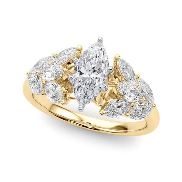 18K Yellow Gold 4.02 Carat D VVS2 Marquise Diamond Cluster Leaf Design Ring with Prong Setting