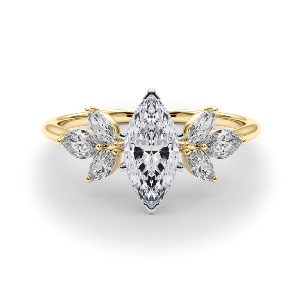 Yellow gold Marquise Diamond Floral Cluster Ring with Marquise Side Stones and Six-Prong Solitaire Setting 1