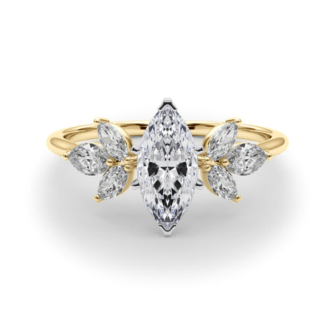 Yellow gold Marquise Diamond Floral Cluster Ring with Marquise Side Stones and Six-Prong Solitaire Setting 1