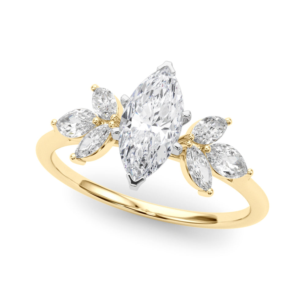 Yellow gold Marquise Diamond Floral Cluster Ring with Marquise Side Stones and Six-Prong Solitaire Setting