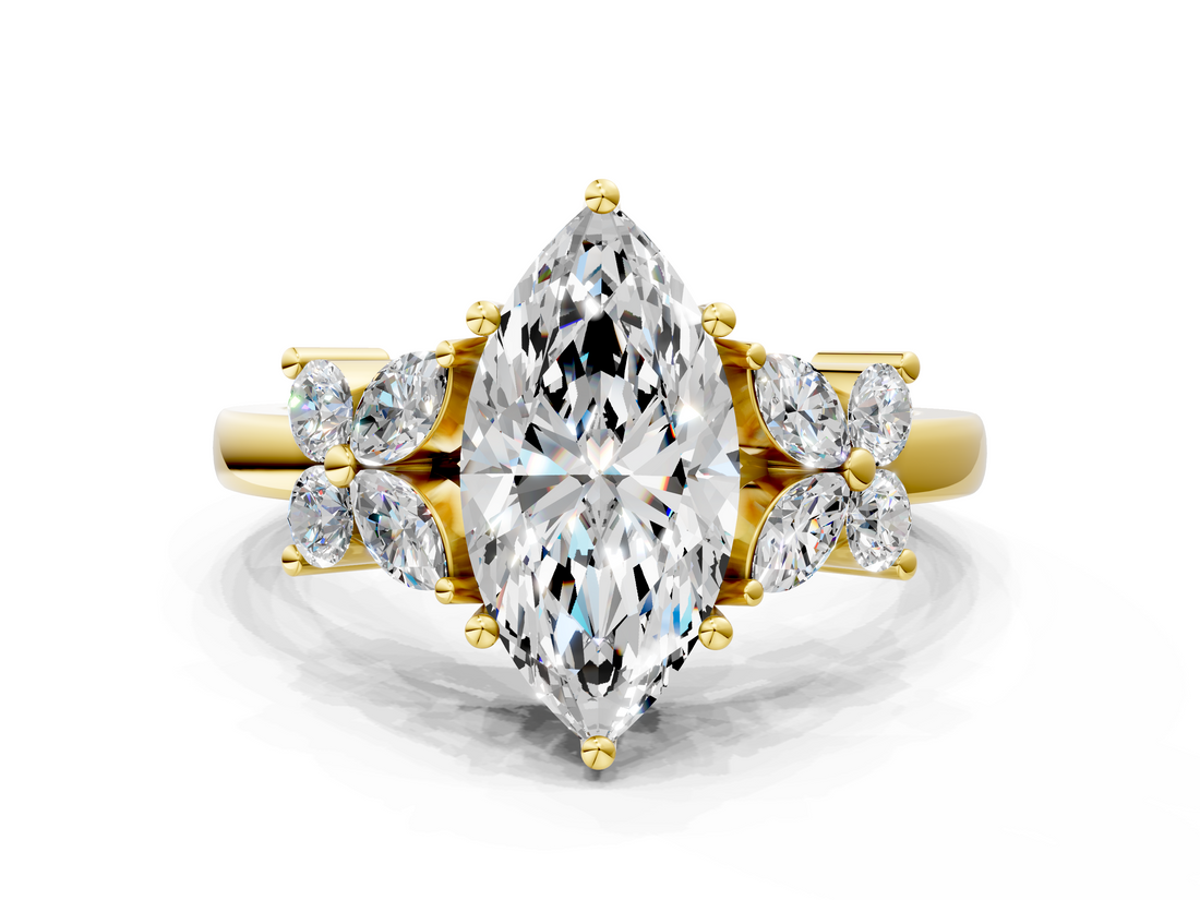 Yellow gold Marquise Diamond Floral Cluster Ring with Solitaire Band and Prong Setting_61