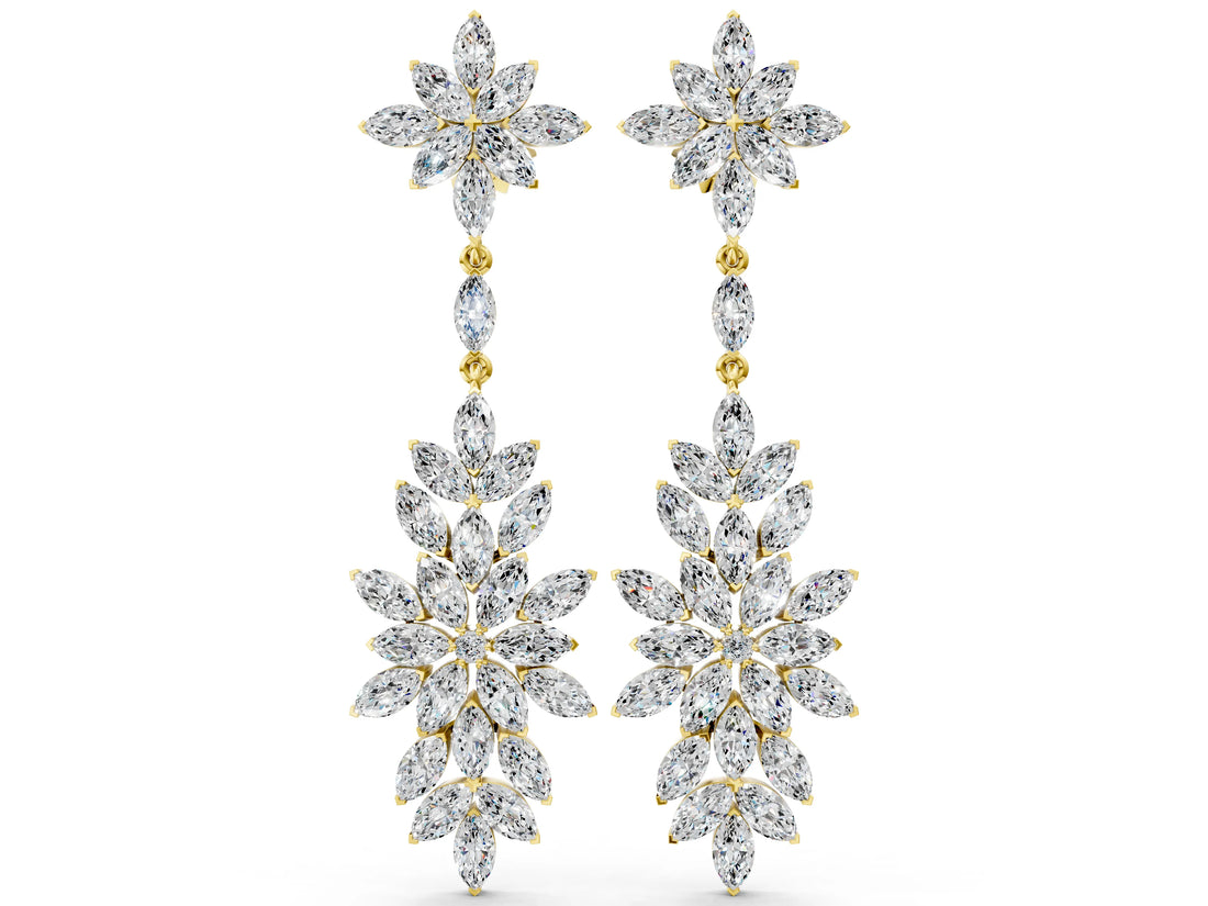 Yellow gold Marquise Diamond Floral Dangle Earrings