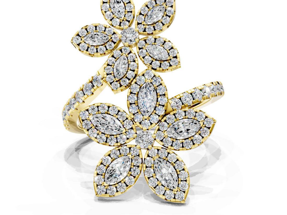 Yellow gold Marquise Diamond Floral Promise Ring with Round Diamond Accents