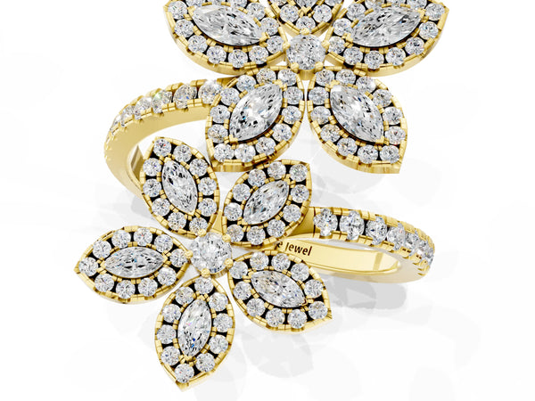 Yellow gold Marquise Diamond Floral Promise Ring with Round Diamond Accents