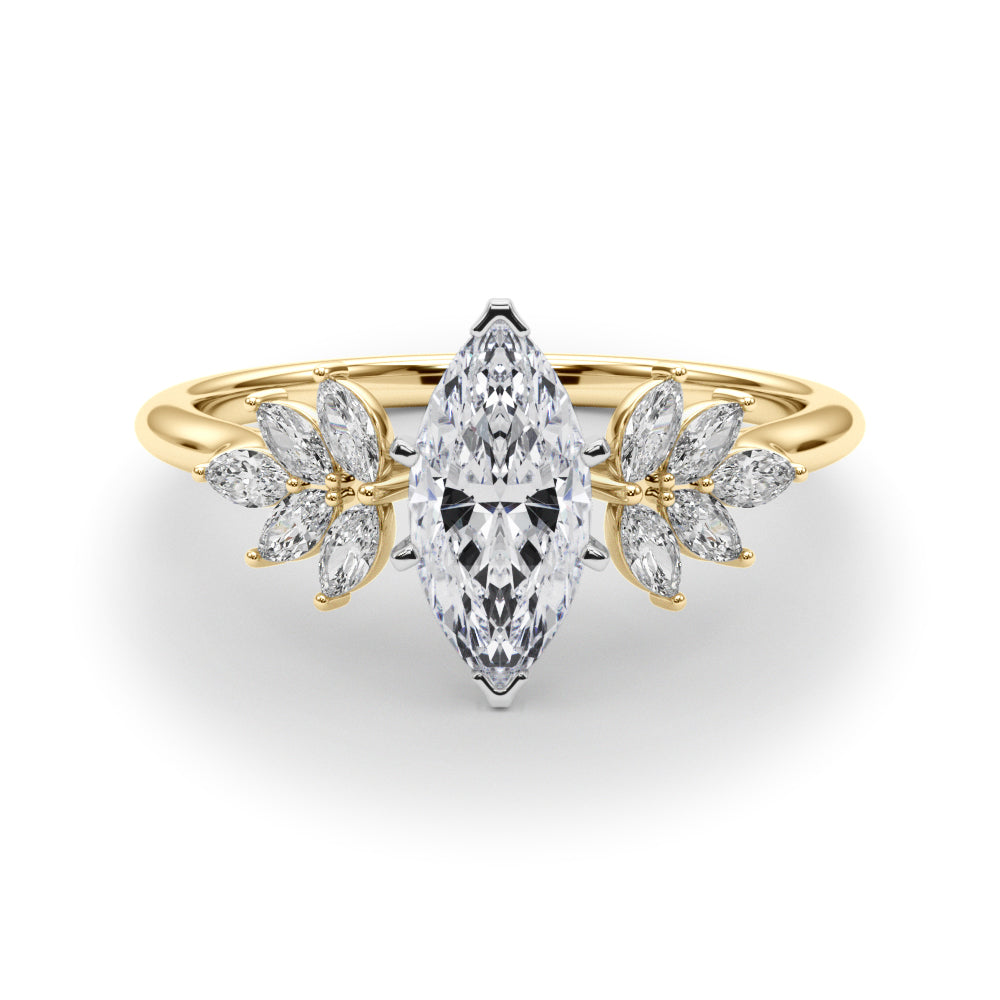 Yellow gold Marquise Diamond Floral Side Stone Solitaire with Marquise Accents and Four-Prong Setting 1