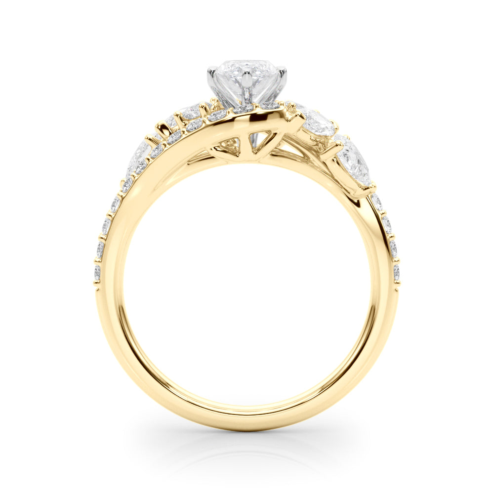Yellow gold Marquise Diamond Halo Ring with Marquise and Pavé Band in Prong Setting 2