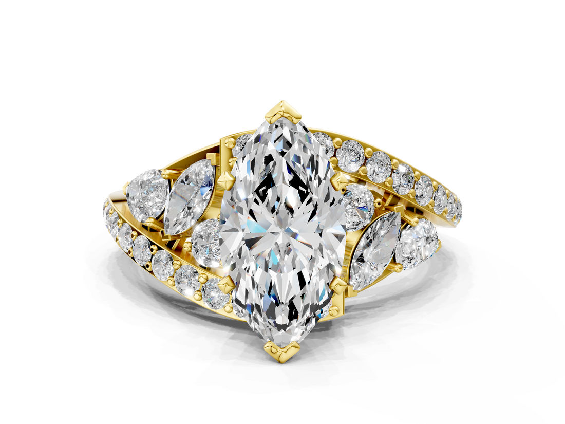 Yellow gold Marquise Diamond Halo Ring with Marquise and Pavé Band in Prong Setting_113