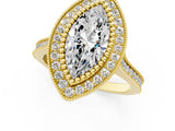Yellow gold Marquise Diamond Halo Ring with Milgrain Frame and Pavé Band 1