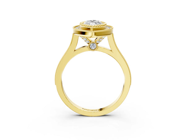 Yellow gold Marquise Diamond Halo Ring with Milgrain Frame and Pavé Band