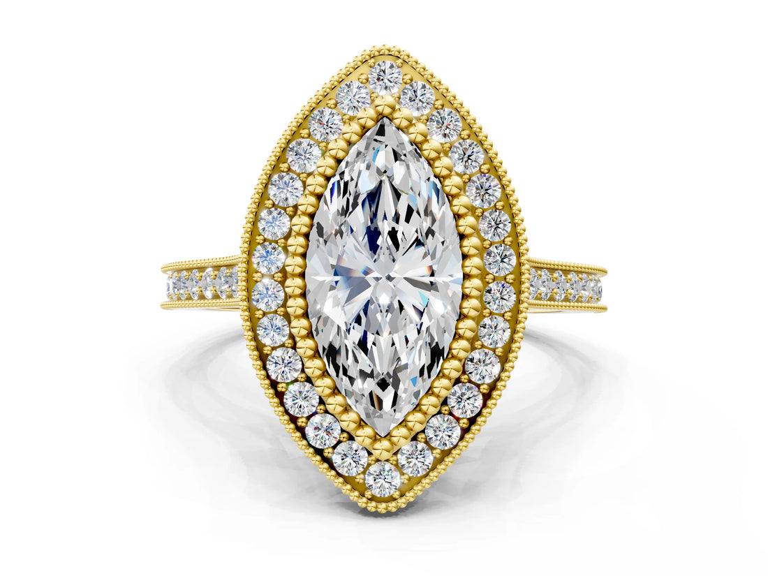 Yellow gold Marquise Diamond Halo Ring with Milgrain Frame and Pavé Band